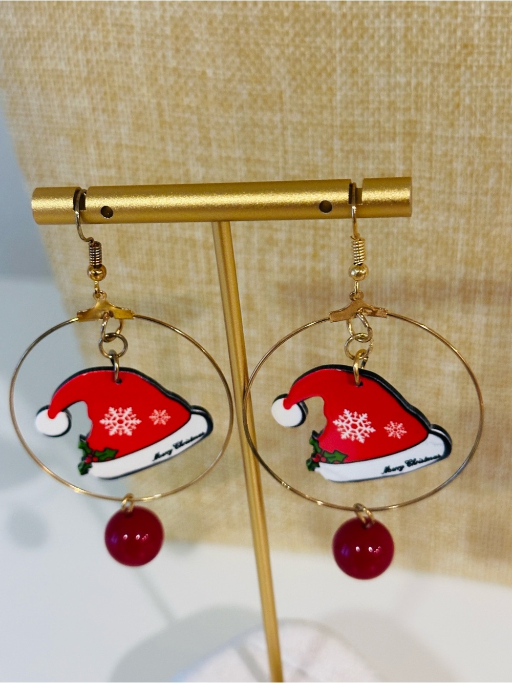 Fashion Jewelry Red Santa Hat Drop Hoop Earrings with Gold Hoops